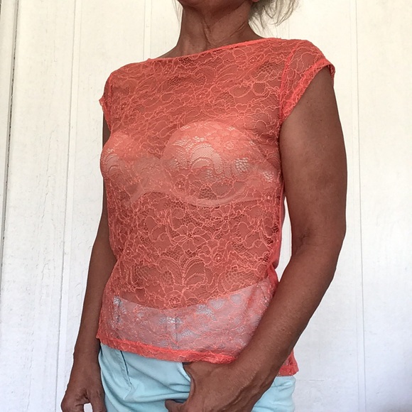 MODA INTERNATIONAL FOR VICTORIAS SECRET SHEER ORANGE LACE SLEEVELESS TOP SMALL - Picture 3 of 11